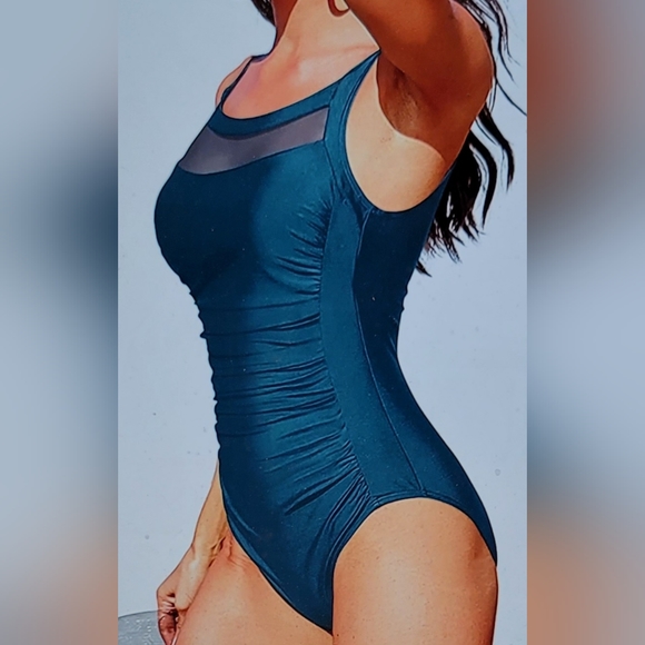 NWT GLAMOUR SWIM SLIMMING PADDED RUCHED RETRO VIBE SWIM BATHING SUIT XL - Picture 2 of 12
